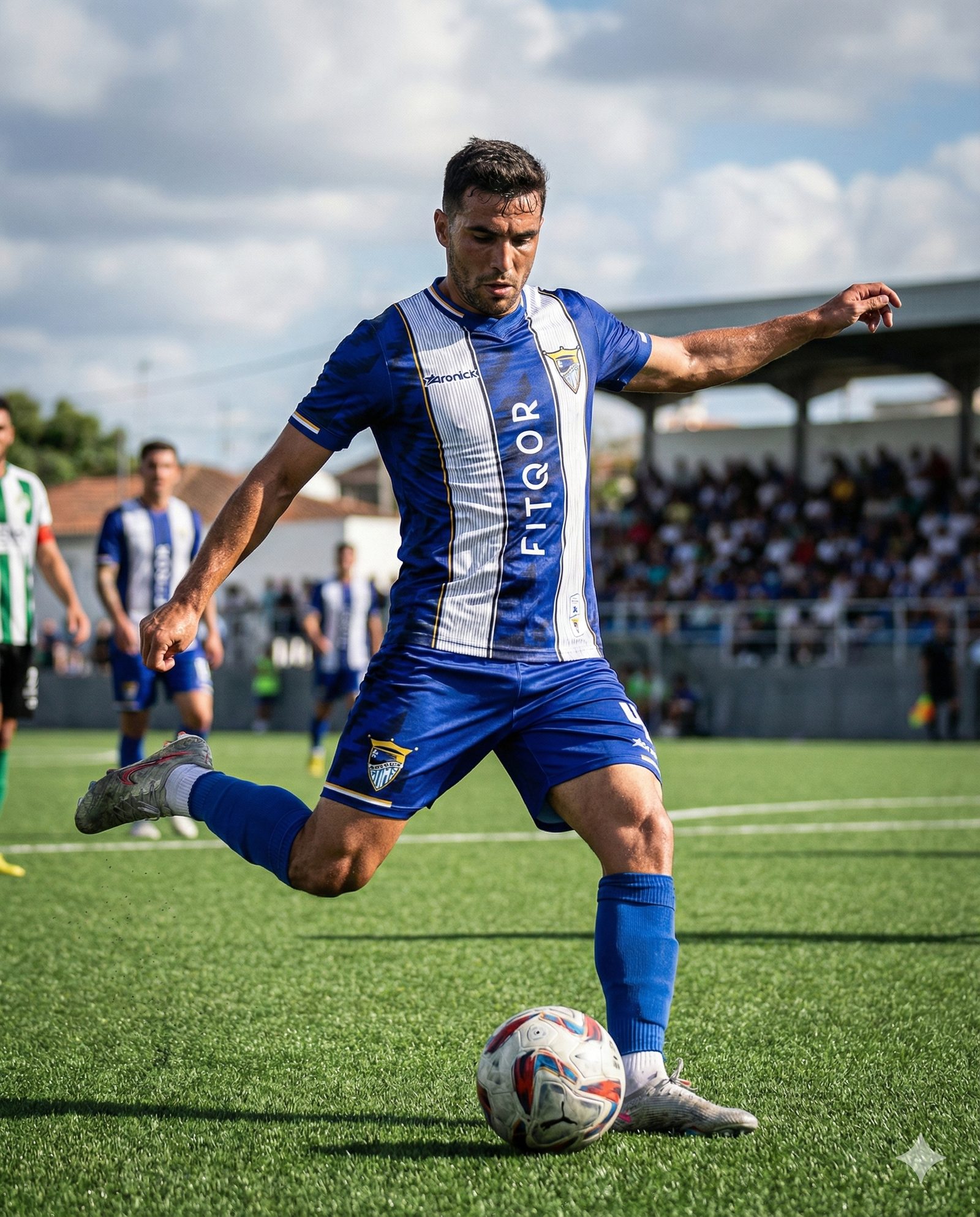 Jogador em ação, equipamento azul e branco Aronick