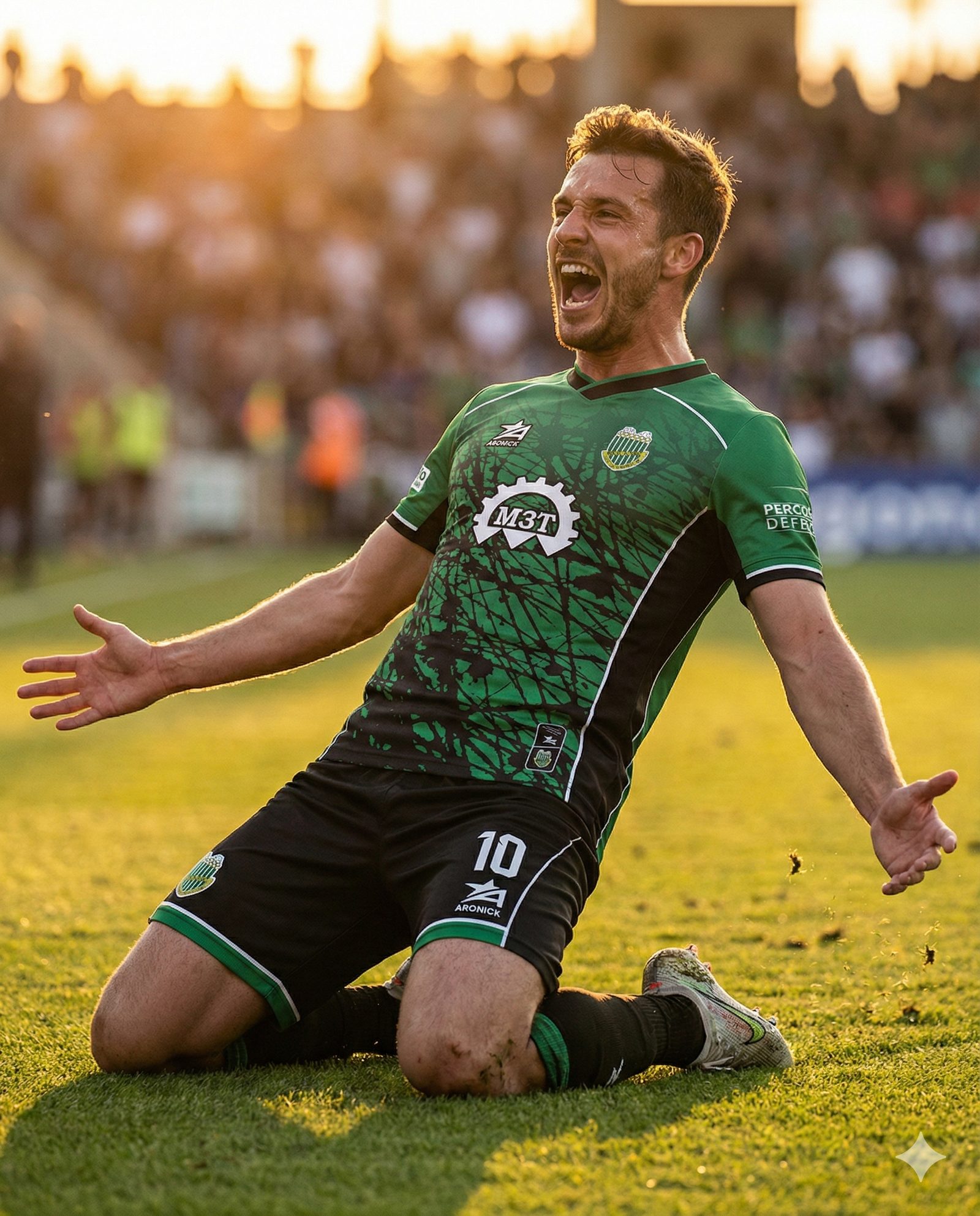Jogador a festejar um golo com equipamento Aronick
